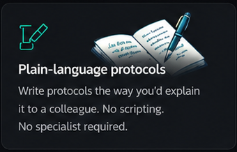 Plain-language protocols — write protocols the way you'd explain them to a colleague; no scripting, no specialist required.