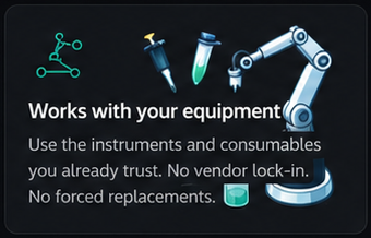 Works with your equipment — use the instruments and consumables you already trust; no vendor lock-in, no forced replacements.