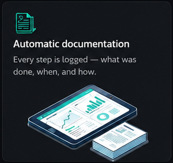 Automatic documentation — every step is logged: what was done, when, and how.
