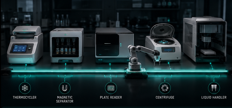 A thermocycler, magnetic separator, plate reader, centrifuge and liquid handler connected by a single glowing rail with a robot moving between them.