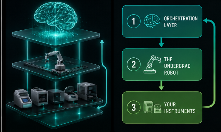 Three-layer architecture: an orchestration layer, the Undergrad robot, and the instruments you already own.