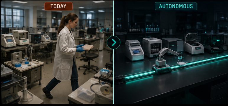 Before and after: a scientist carrying plates by hand versus an autonomous bench running itself.