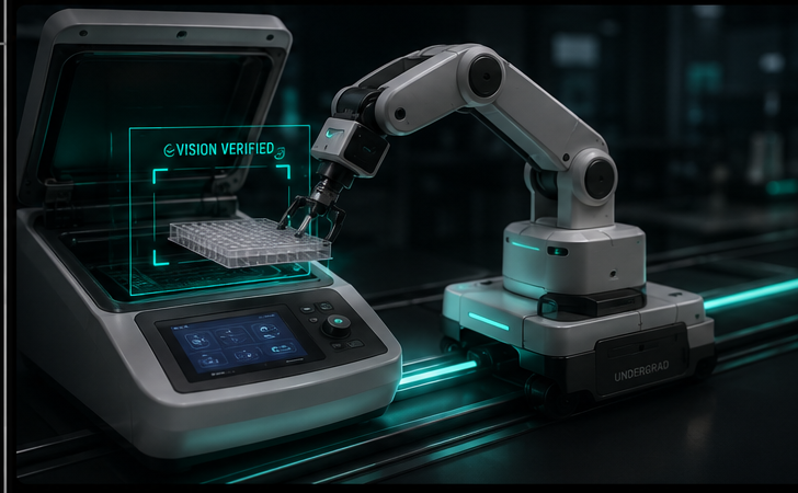 The Undergrad robot picking up a microplate with a vision-verification overlay confirming the labware.