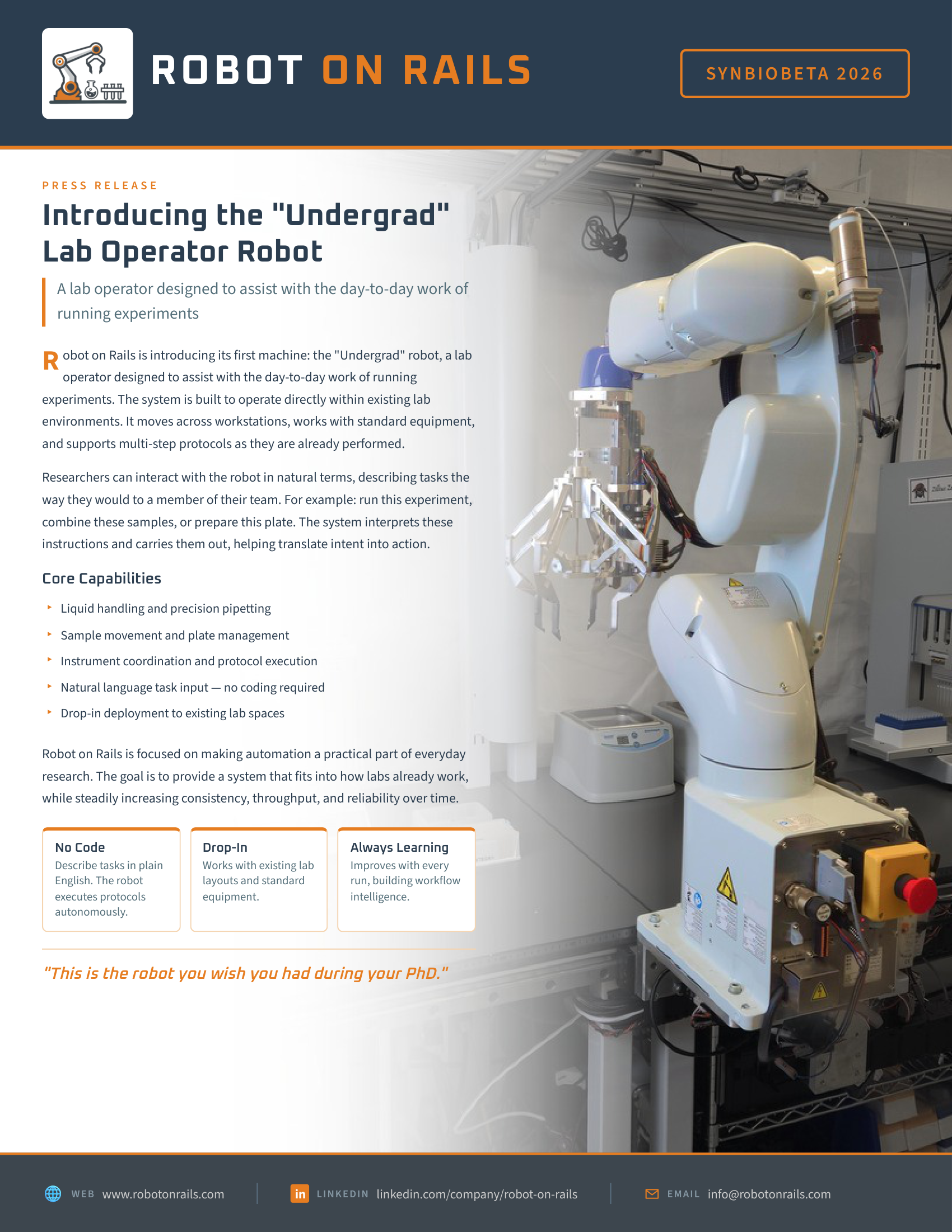 SynBioBeta 2026 Press Release — Robot on Rails introduces the Undergrad Lab Operator Robot
