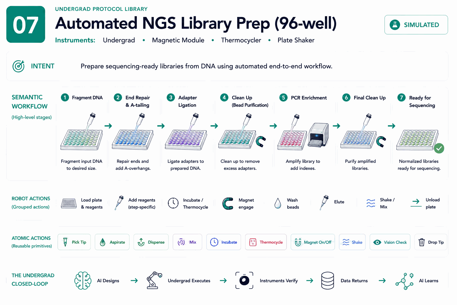 Four-layer architecture diagram for Automated NGS Library Prep: intent, semantic workflow, robot actions, and atomic actions.